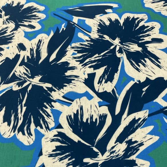 Tecido Malha Fluity Floral Verde Barrado Azul • Luema Tecidos