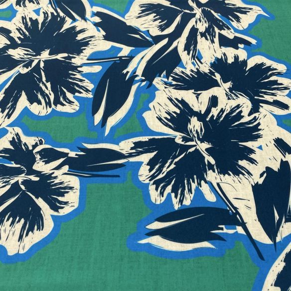 Tecido Malha Fluity Floral Verde Barrado Azul • Luema Tecidos