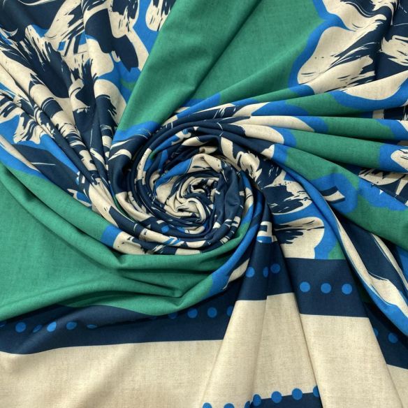 Tecido Malha Fluity Floral Verde Barrado Azul • Luema Tecidos