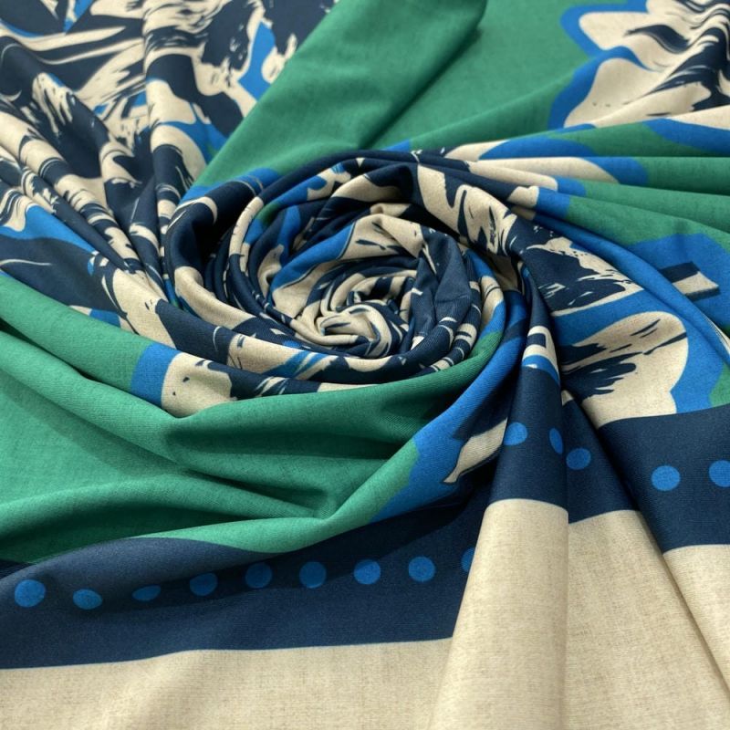 Tecido Malha Fluity Floral Verde Barrado Azul • Luema Tecidos