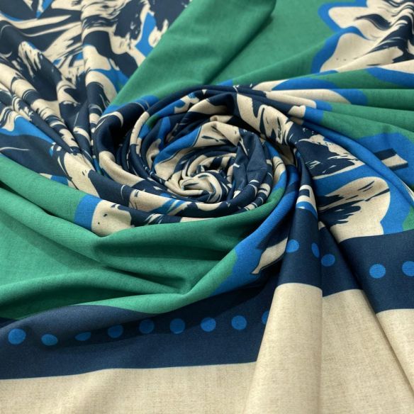 Tecido Malha Fluity Floral Verde Barrado Azul • Luema Tecidos