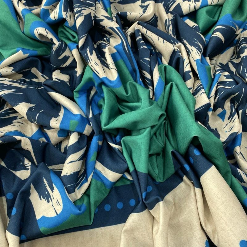 Tecido Malha Fluity Floral Verde Barrado Azul • Luema Tecidos