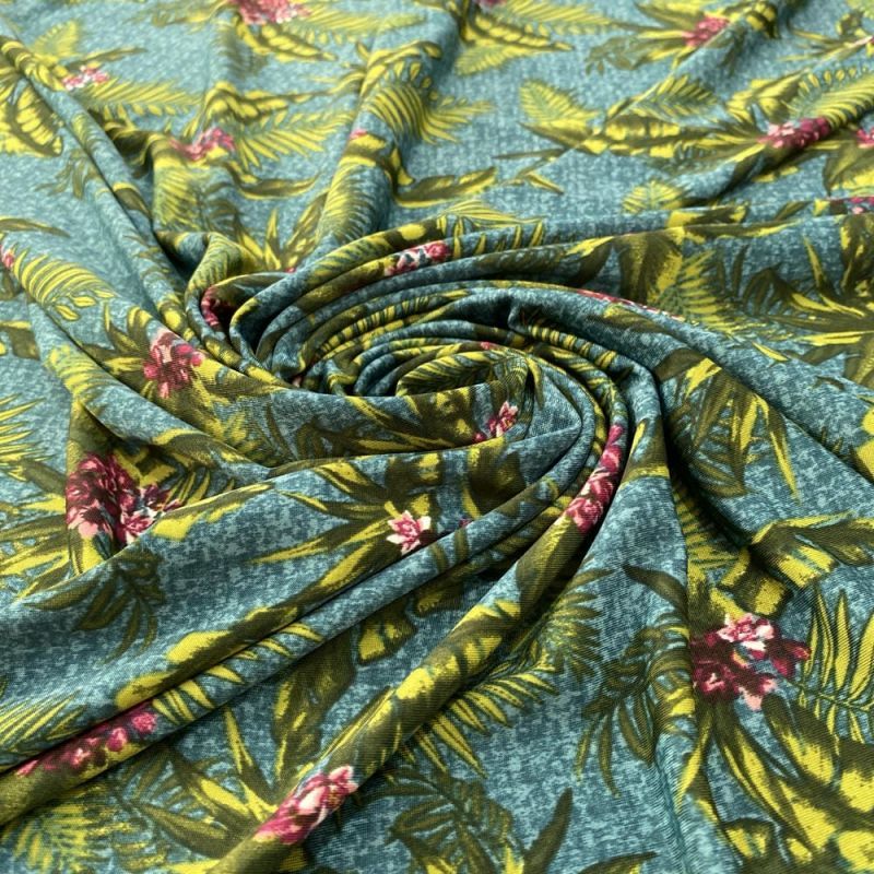 Tecido Liganete Estampada Folhagens Verde e Cinza • Luema Tecidos