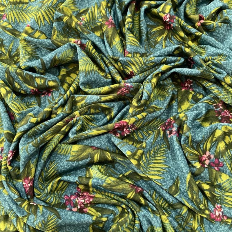 Tecido Liganete Estampada Folhagens Verde e Cinza • Luema Tecidos