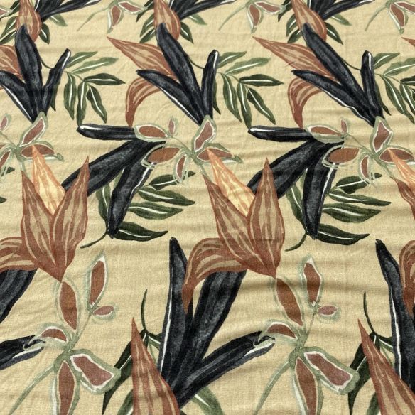 Tecido Viscolycra Estampada Folhagens Fundo Bege • Luema Tecidos