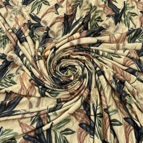 Tecido Viscolycra Estampada Folhagens Fundo Bege Tecido Viscolycra Estampada Folhagens Fundo Bege • Luema Tecidos