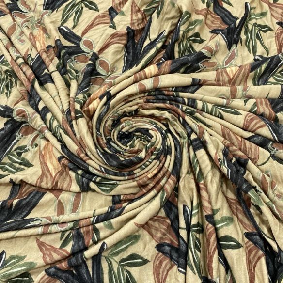 Tecido Viscolycra Estampada Folhagens Fundo Bege • Luema Tecidos