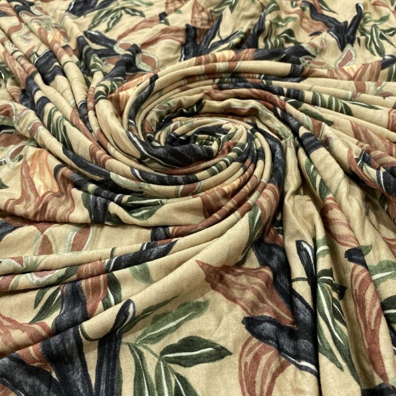 Tecido Viscolycra Estampada Folhagens Fundo Bege • Luema Tecidos