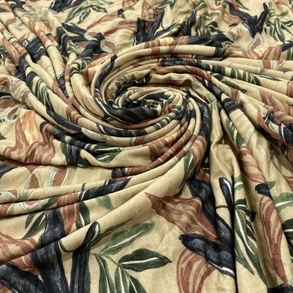Tecido Viscolycra Estampada Folhagens Fundo Bege • Luema Tecidos