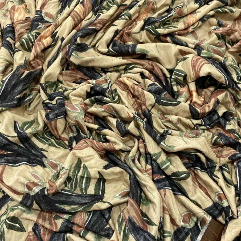 Tecido Viscolycra Estampada Folhagens Fundo Bege • Luema Tecidos