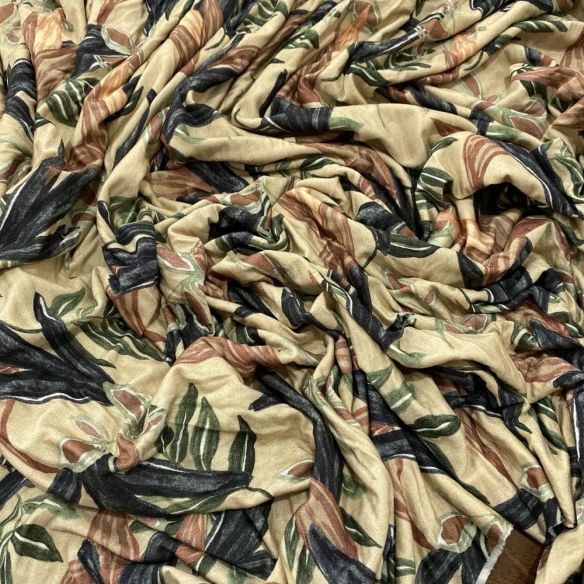 Tecido Viscolycra Estampada Folhagens Fundo Bege • Luema Tecidos