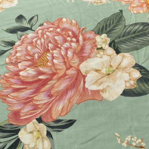 Tecido Viscose Estampada Crisantemos Vermelhos • Luema Tecidos