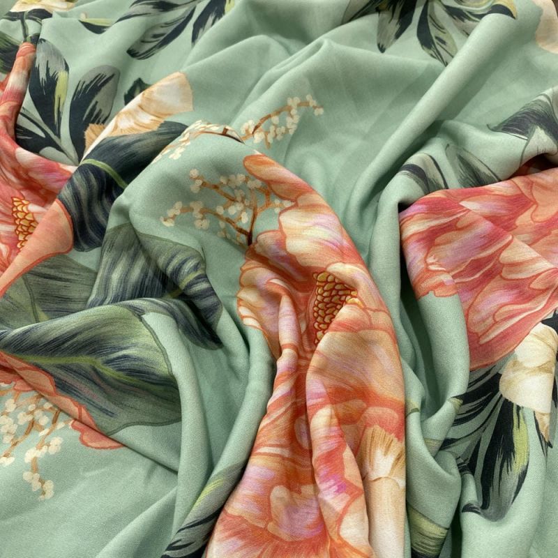 Tecido Viscose Estampada Crisantemos Vermelhos • Luema Tecidos