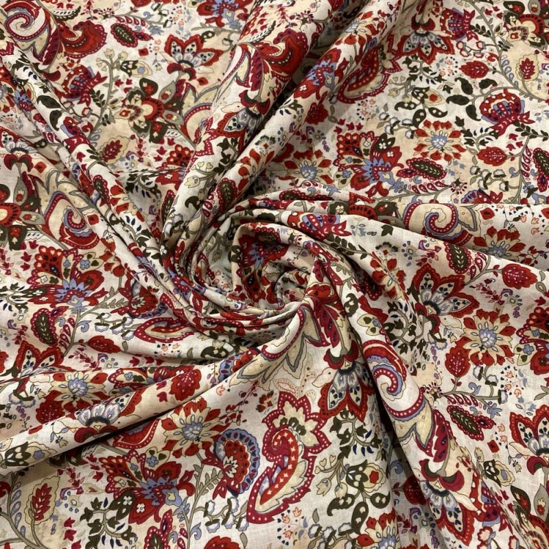 Tecido Cambraia de Algodão Floral Arabesco Vermelho • Luema Tecidos