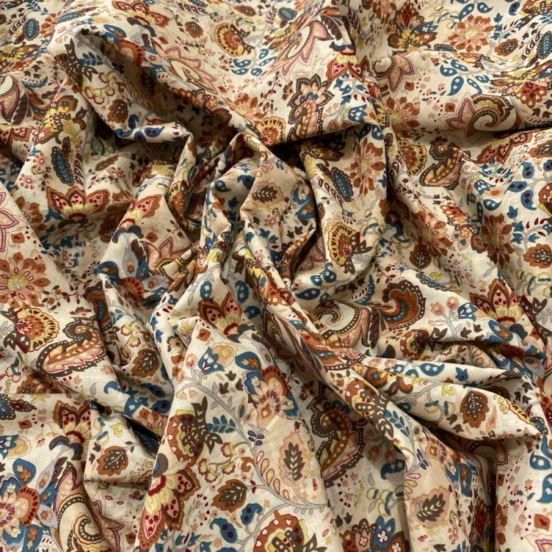 Tecido Cambraia de Algodão Floral Arabesco Azul • Luema Tecidos