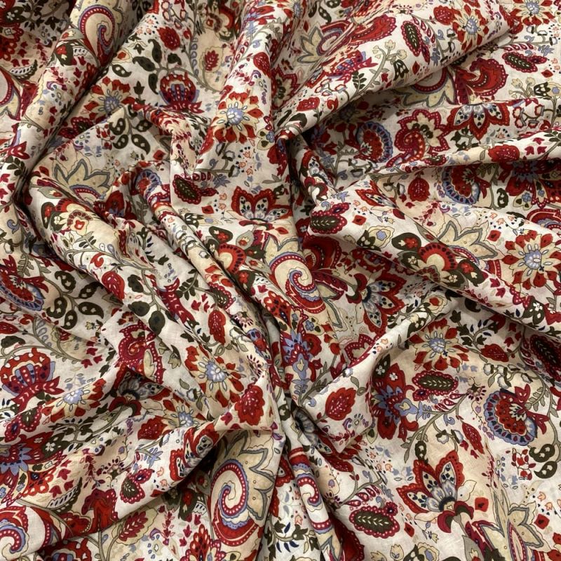 Tecido Cambraia de Algodão Floral Arabesco Vermelho • Luema Tecidos