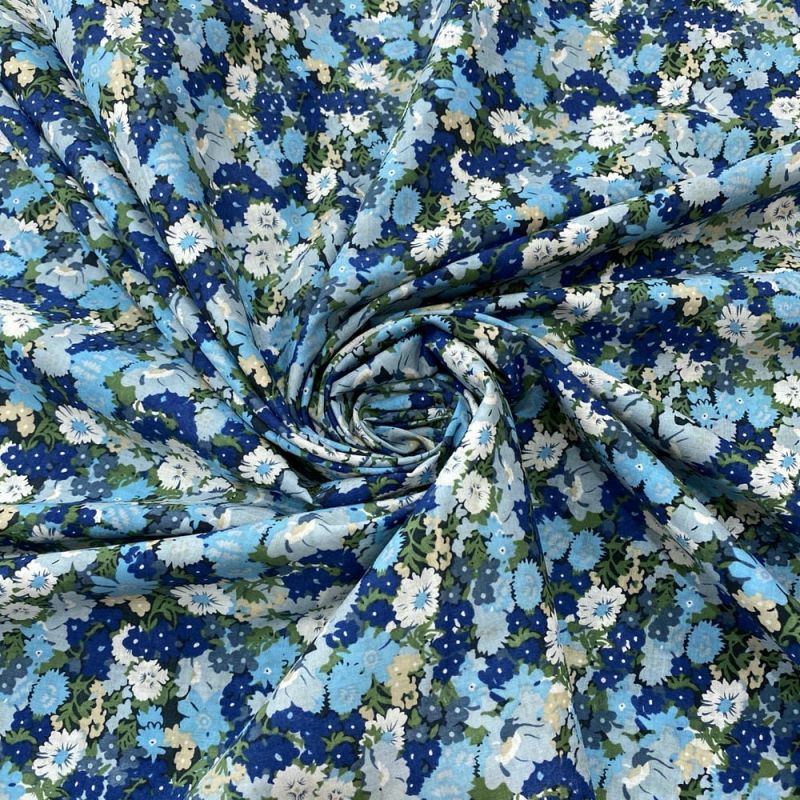 Tecido Cambraia de Algodão Floral Médio Azul • Luema Tecidos