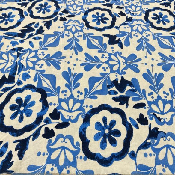 Tecido Linho Misto Estampado Azulejos Azul • Luema Tecidos