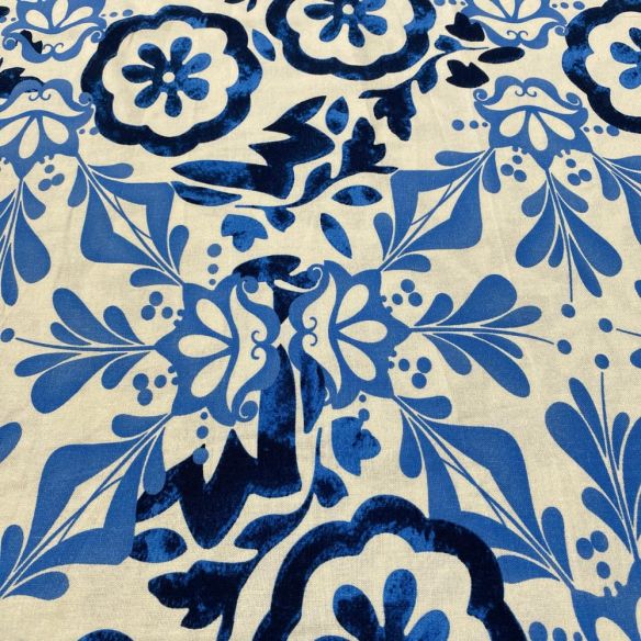 Tecido Linho Misto Estampado Azulejos Azul • Luema Tecidos