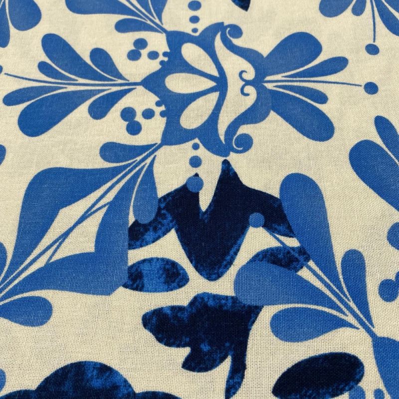 Tecido Linho Misto Estampado Azulejos Azul • Luema Tecidos