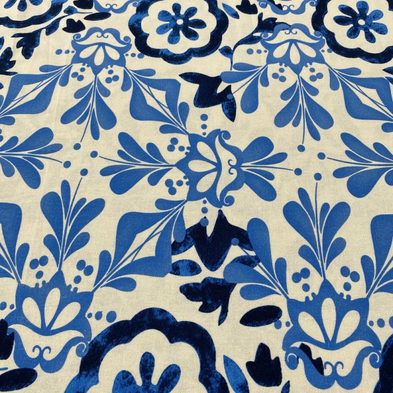 Tecido Linho Misto Estampado Azulejos Azul • Luema Tecidos