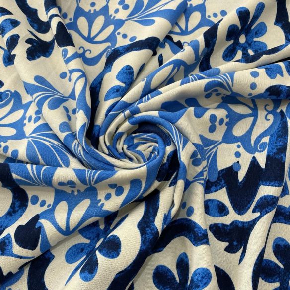 Tecido Linho Misto Estampado Azulejos Azul • Luema Tecidos