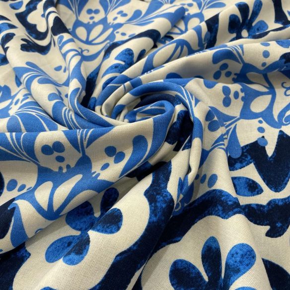 Tecido Linho Misto Estampado Azulejos Azul • Luema Tecidos