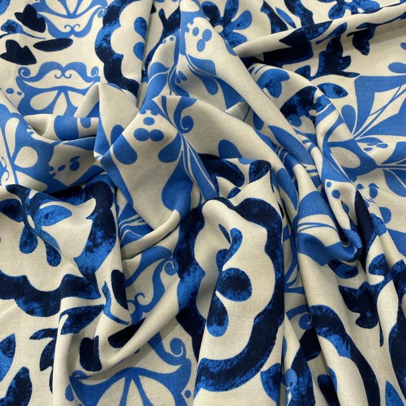 Tecido Linho Misto Estampado Azulejos Azul • Luema Tecidos