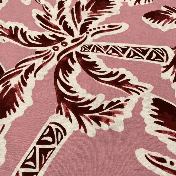 Tecido Linho Misto Estampado Coqueiros Vermelho • Luema Tecidos