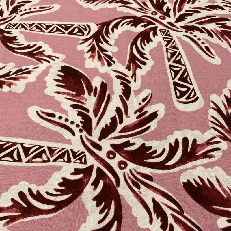 Tecido Linho Misto Estampado Coqueiros Vermelho • Luema Tecidos
