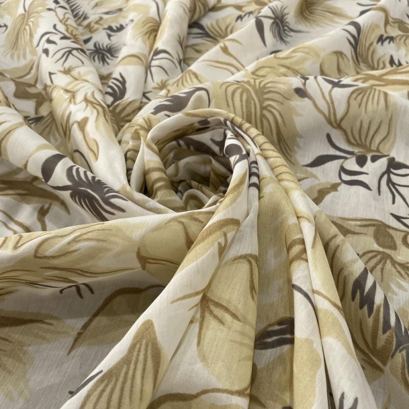 Tecido Viscoseda Estampada Folhagens Bege • Luema Tecidos