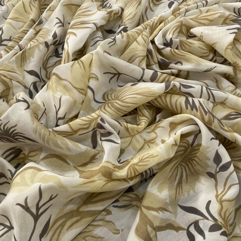 Tecido Viscoseda Estampada Folhagens Bege • Luema Tecidos