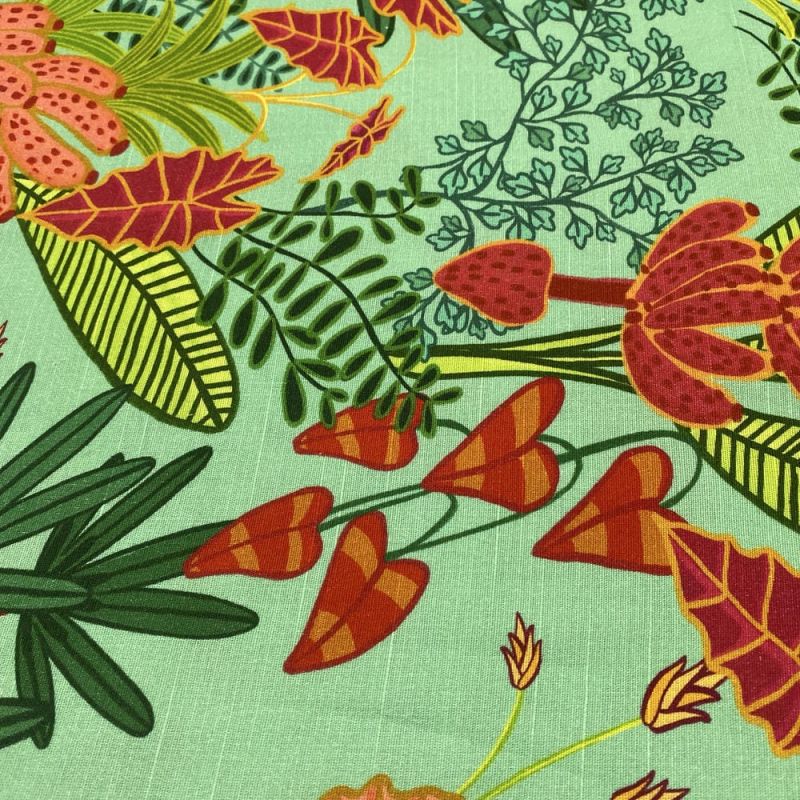 Tecido Linho Misto Estampado Floral Fundo Verde • Luema Tecidos
