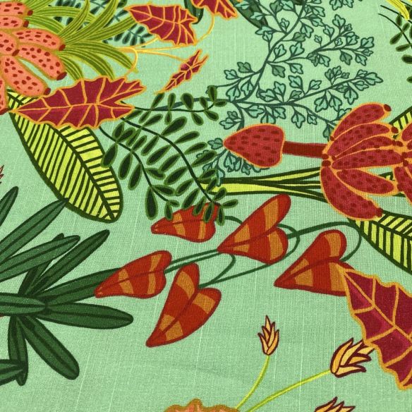 Tecido Linho Misto Estampado Floral Fundo Verde • Luema Tecidos