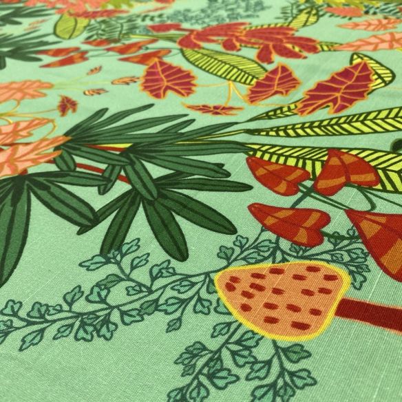Tecido Linho Misto Estampado Floral Fundo Verde • Luema Tecidos