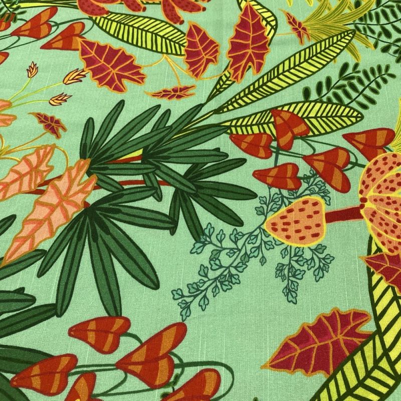 Tecido Linho Misto Estampado Floral Fundo Verde • Luema Tecidos