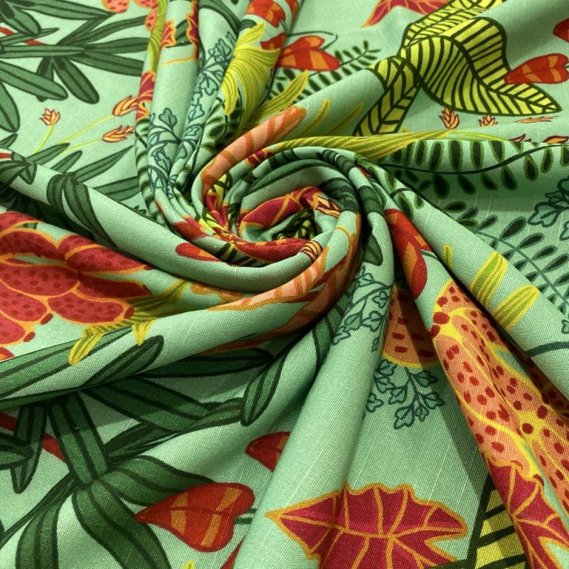 Tecido Linho Misto Estampado Floral Fundo Verde • Luema Tecidos