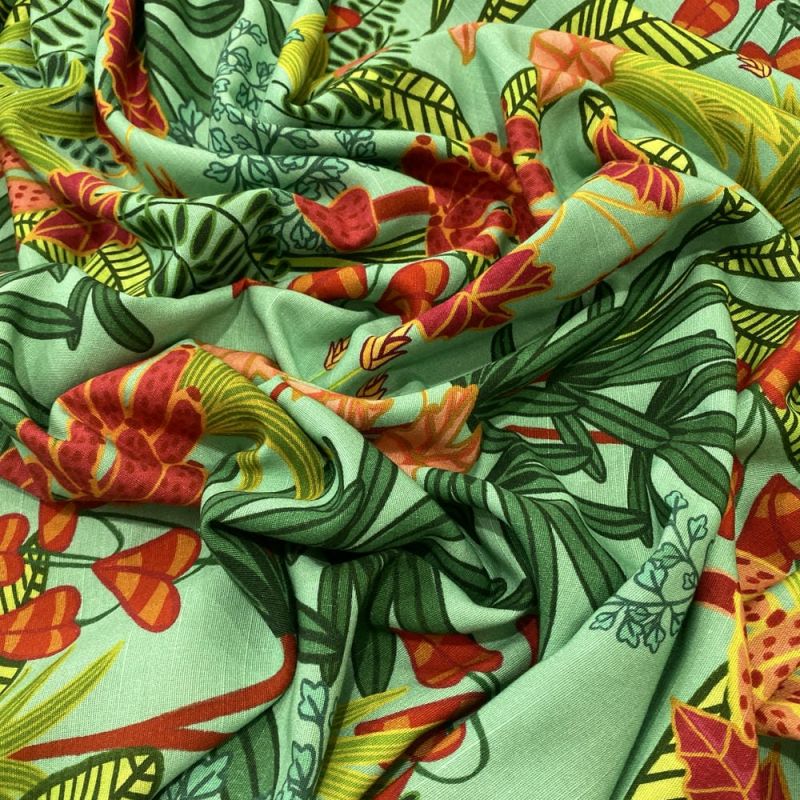 Tecido Linho Misto Estampado Floral Fundo Verde • Luema Tecidos