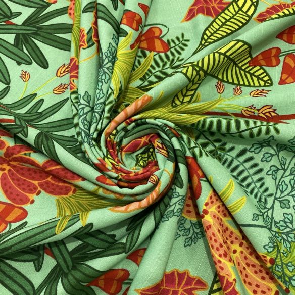 Tecido Linho Misto Estampado Floral Fundo Verde • Luema Tecidos