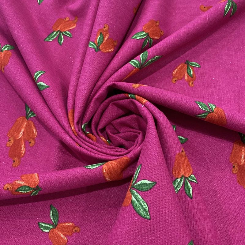 Tecido Linho Misto Estampado Cajus Fundo Magenta • Luema Tecidos