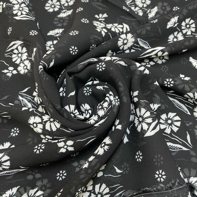Tecido Musseline Estampado Floral Médio Fundo P&B