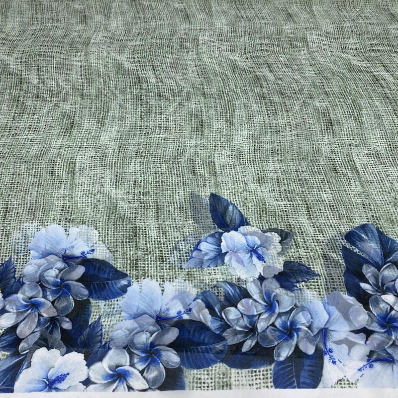 Tecido Musseline Estampado Barrado Azul e Cinza • Luema Tecidos