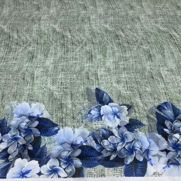 Tecido Musseline Estampado Barrado Azul e Cinza • Luema Tecidos