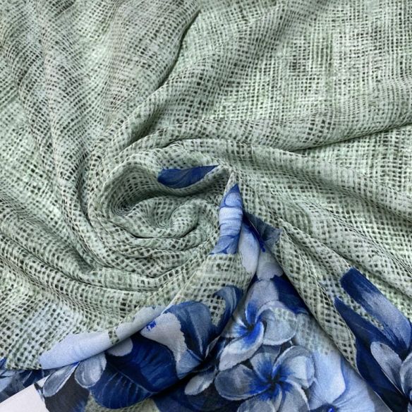 Tecido Musseline Estampado Barrado Azul e Cinza • Luema Tecidos