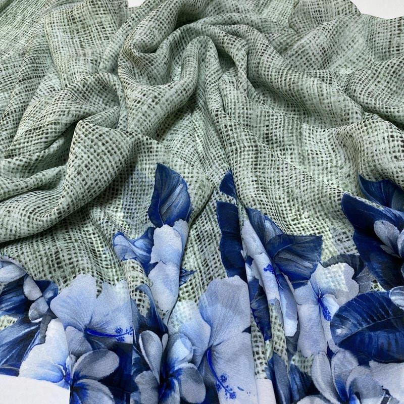 Tecido Musseline Estampado Barrado Azul e Cinza • Luema Tecidos