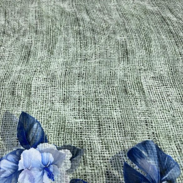 Tecido Musseline Estampado Barrado Azul e Cinza • Luema Tecidos