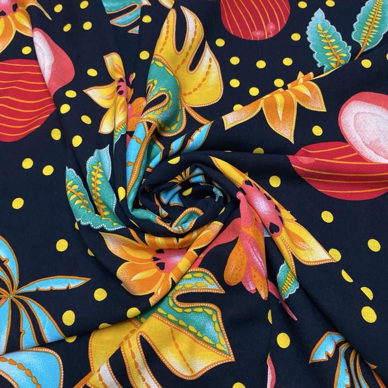 Tecido Viscolinho Estampado Tropical Preto • Luema Tecidos