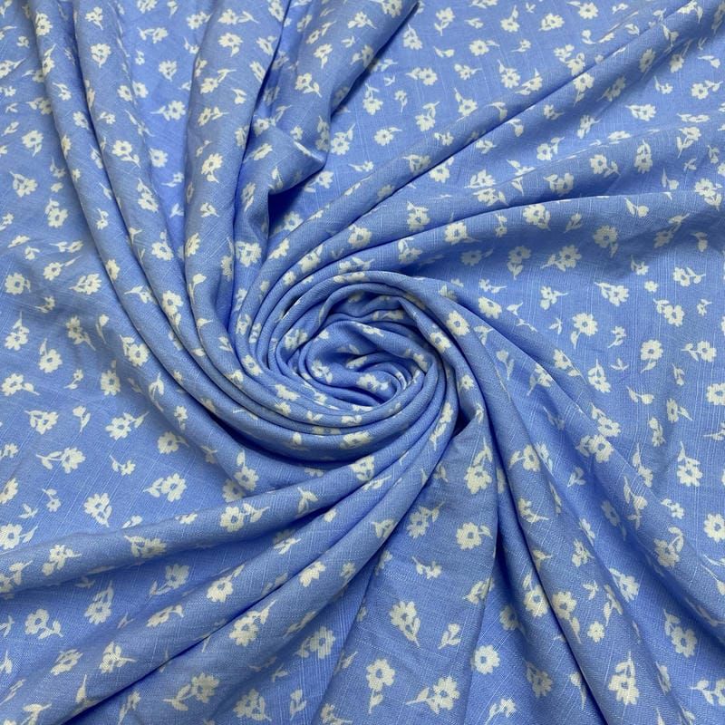 Tecido Viscolinho Estampado Micro Floral Azul Céu • Luema Tecidos