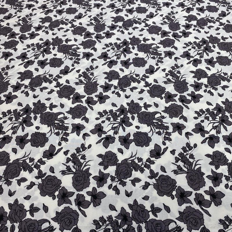 Tecido Viscose Estampado Floral Cinza • Luema Tecidos