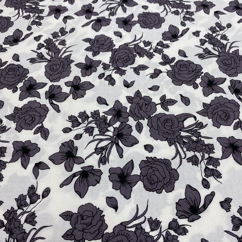 Tecido Viscose Estampado Floral Cinza • Luema Tecidos